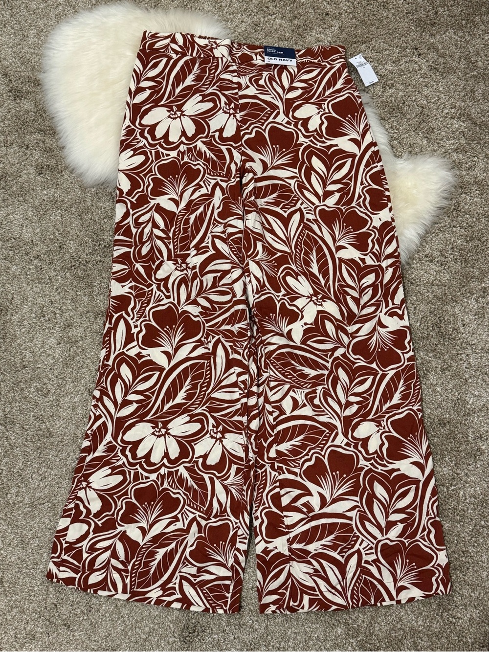 NWT Old Navy High Waisted Playa Rust & Cream Wide-Leg Warm Floral Pants Size M